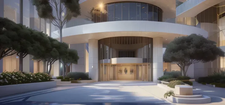 There is a beautiful entrance in the center of the modern concert hall exterior.., rendered in unreal engine 4 k hq, rendered in unreal engine 4k hq, Low angle 2D rendering, rendered in lumion pro, rendered in unreal engine 6, high quality rendering, high ...