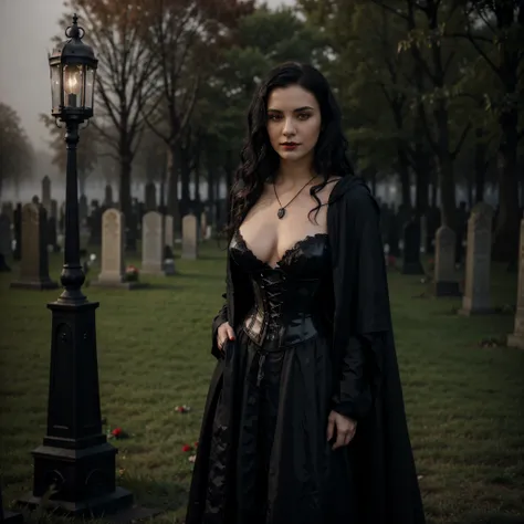 Beautiful 20 year old woman with short messy wavy black hair, wearing a red and black corset and black cloak with gothic qualities, standing in a cemetery at night with fog holding an old style lantern, red lipstick, realistic skin texture, cross neckless,...