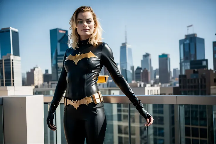 full body shot of margot robbie, short blonde hair, batgirl suit, posing on the top of building, serious look, photorealistic po...