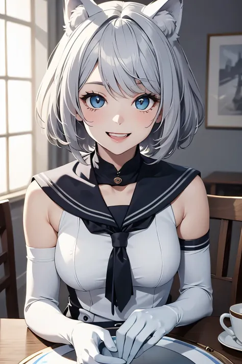 table top　High level image quality　best image quality　8K　 adult woman　portrait　white long gloves（long gloves）　white pantyhose　sailor suit（sleeveless）　mini skirt　White wolf ears　short hair（（shortcut）（gray hair）（perm）（fluffy））　eye color is blue　Face seducing...