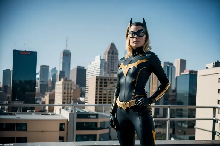 full body shot of margot robbie, short blonde hair, batgirl suit, posing on the top of building, serious look, hands on waist, p...