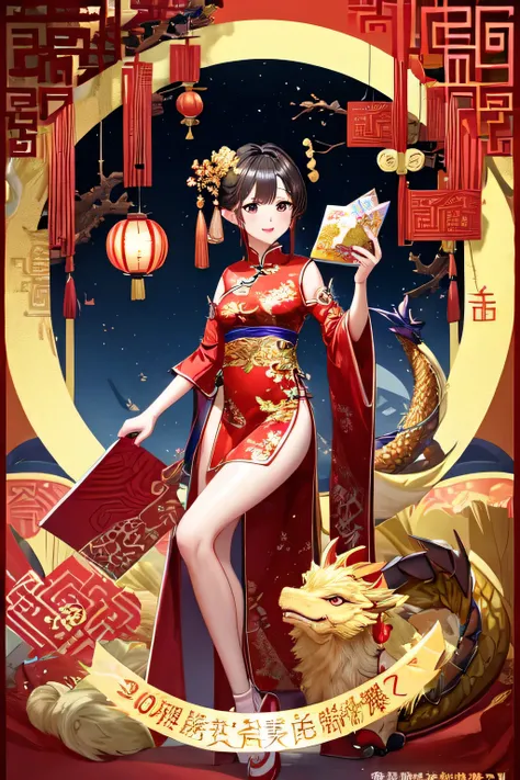 红色和金色的lunar New Year贺卡，带有dragon的风格化设计, 2024, dragon, lunar New Year&#39;eve, 

