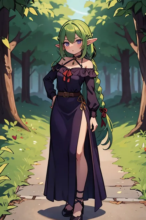 the forest, Elf Girl, long hair, tied up in a braid, long dark purple dress, conjures, full length image