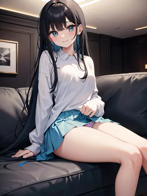 (1) A woman is sitting on a sofa in the living room with her legs closed. Her light blue panties are almost visible between her thighs and skirt.
(2) The woman is wearing a black long-sleeved mini dress.
(3) she has long black hair.
(4) Her expression is a...