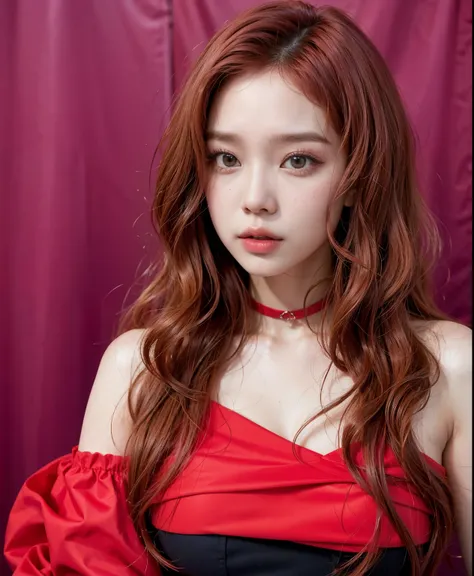 mulher arruiva com cabelos vermelhos e um vestido preto posando para uma foto, portrait of jossi do blackpink, parque roseanne de blackpink, pale red, Tonalidade vermelha, veludo vermelho, jaeyeon nam, com cabelo vermelho cacheado, jossi do blackpink, Sha ...