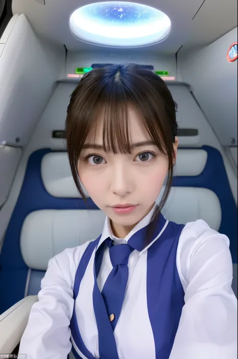 Top Quality, Masterpiece, 8K, Ultra High Definition, (Photorealistic: 1.4), 1 Girl, Skinny Japanese lady, Beautiful Face, Symmetrical Eyes, small breasts, thin waist, Perfect Body Proportions, Stewardess Uniform, Viewers Look, (Inside the spaceship: 1.2), ...