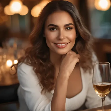 belle hispanic portant un pull blanche (Siroter un jus dans un restaurant moderne au coucher du soleil), very detailed, 22 ans, visage innocent, natural wavy hair, yeux marron, high resolution, chef-d&#39;ouvrages d&#39;art, best quality, intricate details...