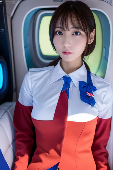 Top Quality, Masterpiece, 8K, Ultra High Definition, (Photorealistic: 1.4), 1 Girl, Skinny Japanese lady, Beautiful Face, Symmetrical Eyes, small breasts, thin waist, Perfect Body Proportions, Stewardess Uniform, Viewers Look, (Inside the spaceship: 1.2), ...