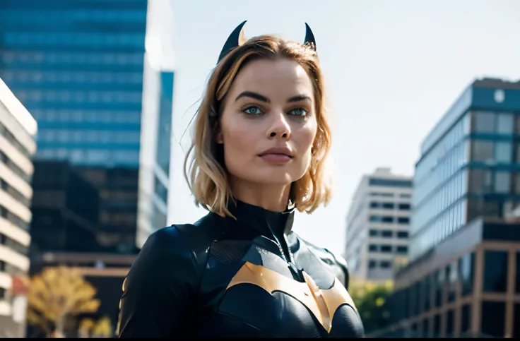 foto de corpo inteiro de margot robbie, cabelo loiro curto, terno de batgirl, posing in front of a building, olhando pra cima, s...