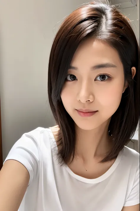 Female in her 30s, very short hair, Face without makeup, silky white skin, sexy, thin waist, white T-Shirt, white wall in background