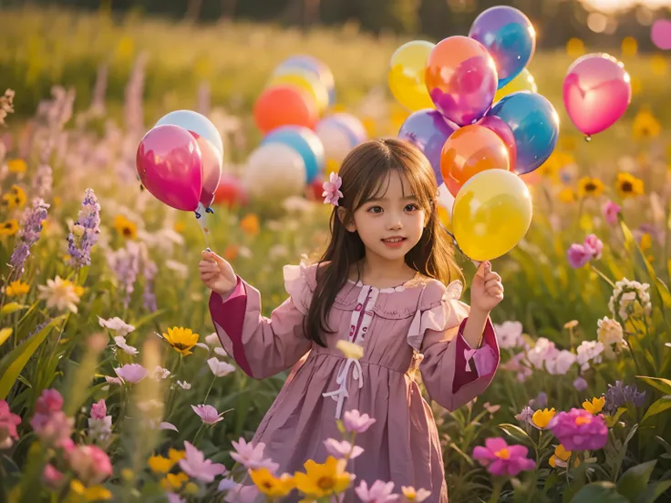 8 year old girl holds a flower，Colorful balloons floating in the sky，grassland,dance,have flowers，cheerfulness，be happy，perfect quality，clear focus（Clutter - Home：0.8）， （master piece：1.2） （Realistic：1.2） （Bokeh） （best quality） （detailed skin：1.3） （intricat...