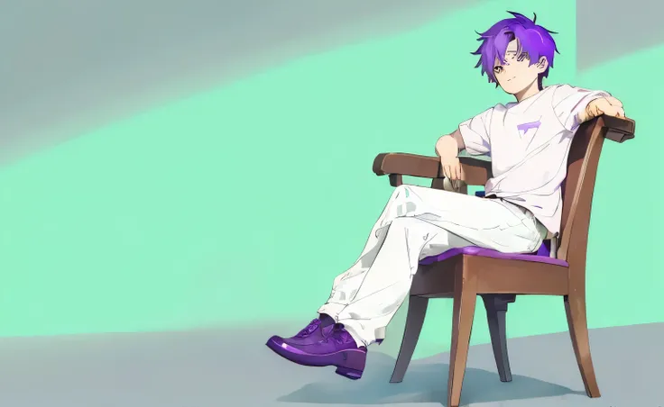 A boy with purple hair is sitting on a chair 