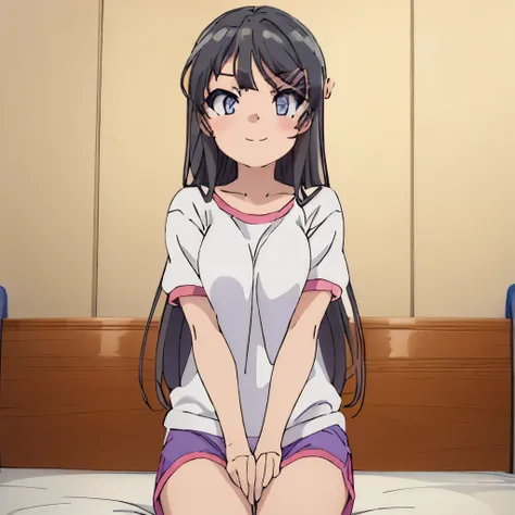 ((muste piece)), ((best quality)), (Super detailed), anime style etc., peeing on the bed, pretty girl, 1 girl, sottle:1.2), Gym Shorts 00, ((beautiful eyes))0, shy smile
