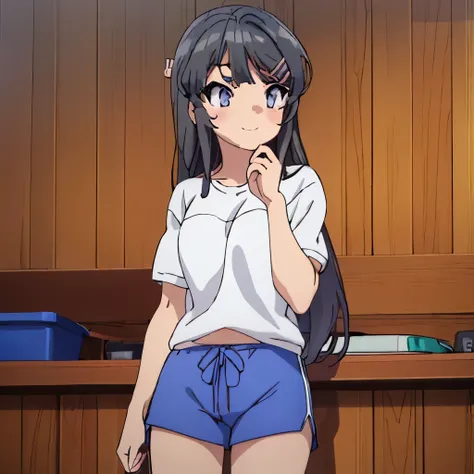 ((muste piece)), ((best quality)), (Super detailed), anime style etc.,  pretty girl, 1 girl, sottle:1.2), Gym Shorts 00, ((beautiful eyes))0, shy smile