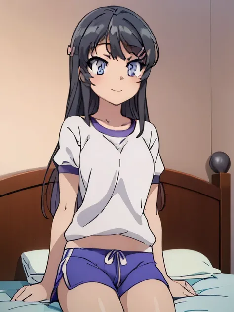 ((muste piece)), ((best quality)), (Super detailed), anime style etc., peeing on the bed, pretty girl, 1 girl, sottle:1.2), Gym Shorts 00, ((beautiful eyes))0, shy smile