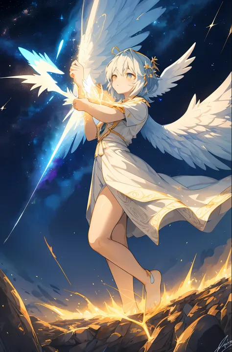 (masterpiece), (best quality:1.4), absurdres, [:intricate details:0.2], angel, angel wings, milky way, sky, shimmering aura, intense focus, crackling energy, mysterious symbols, sparkling motes,