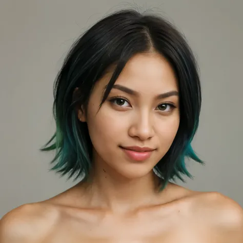 A beautiful model woman. age 27. mixed race nigerian korean heritage. (dark tanned skin tone:1.2). slim. hair cut into a messy asymmetrical bob. hair has blue streaks. smiling. (full lips:1.2). green eyes. dramatic makeup