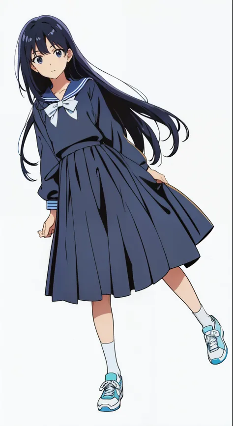 (white background:1.0), (anime:1.0), (official art:1.0), (best quality:1.0), (masterpiece:1.0), (full body:1.0), (solo:1.0), (a 15yo cute girl:1.0), (long skirt:1.25), (dark blue skirt:1.0), (pleated skirt:1.0), (dark blue sailor uniform:1.25), (long sleev...