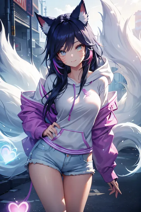 ahri wearing a casual light grey hoodie,short jeans, beautiful detailed eyes, smiling face, longeyelashes, her tails forming a h...