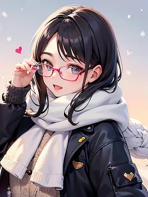 girl,((glasses)),((♡)),((flying heart's)),((snow view background:1.3)),((snowy park background:1.2)),(fancy world),((colorful an...