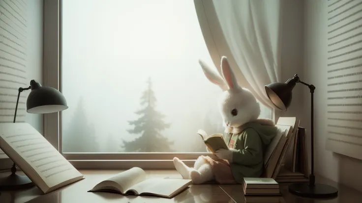 ((lo fi music for studying), little bunny sitting reading a book，1book, ln the room，clean backdrop，depth of fields，largeaperture，photography of，volume fog，Dramatic atmosphere