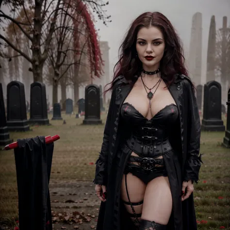 Beautiful 20 year old woman, large tits, with short messy wavy pink hair, wearing a red corset with black accents and black cloak, standing in a foggy cemetery at night, (red lipstick:1.5), realistic skin texture, (cross necklace:1.2), (looking at camera:1...