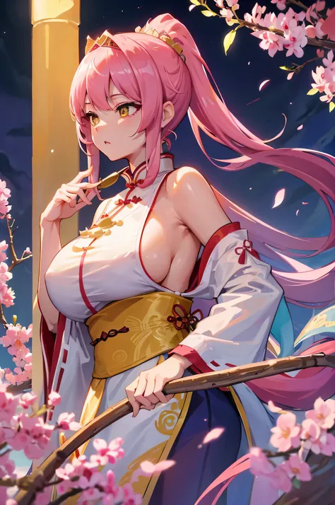 4K,High resolution,one woman,pink hair,long ponytail,yellow eyes,big breasts,ancient chinese princess,white cheongsam,side boob,princess tiara,ancient chinese royal family