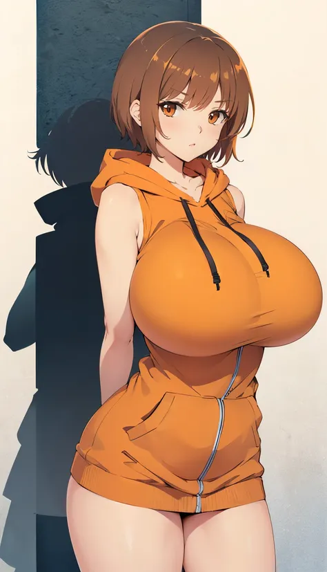 SFW, (sleeveless orange hoodie), (gigantic breasts, huge breasts, Big breast), arms behind back, firm breasts, slim waist, curvy figure, (brown_hair, (orange_eyes)), short hair