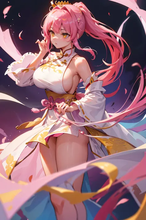 4K,High resolution,one woman,pink hair,long ponytail,yellow eyes,big breasts,ancient chinese princess,white cheongsam,side boob,princess tiara,ancient chinese royal family