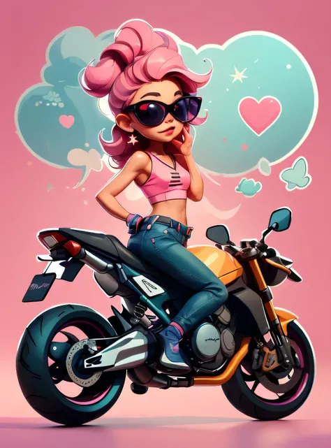 1 adesivo, manual, (adesivo, uma garota estilosa, modelo, Top rosa, escolha tingir o cabelo, oculos de sol, Cool Trend Motorcycle), fundo rosa, fundo simples, minimum, Bonitinho, pequeno, cor pastel, estilo vetorial, sem gradiente,