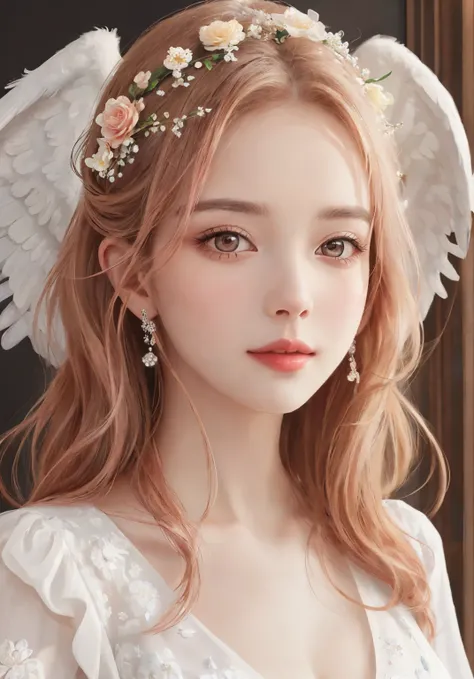 A C-cup woman with pink hair and angel wings is posing for a photo, wearing an elegant chiffon blouse with a floral pattern., 8K high quality detailed art, of an beautiful angel girl, beautiful angel girl portrait, cute realistic portrait, portrait of a be...