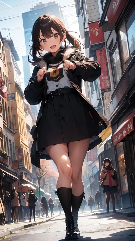 girl, dynamic angle,seven -clinging shooting, masterpiece, (detail), (perfect skin), brown hair, black hair, teeth, dark eyes, coat, focus, fur-trimmed jacket, fur collar, (((full body))), outdoors, protest, (looking at the audience), (((shooting pose))), ...