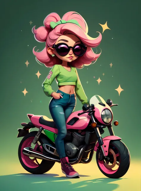 1 adesivo, manual, (adesivo, uma garota estilosa, modelo, Top rosa, escolha tingir o cabelo, oculos de sol, Cool Trend Motorcycle), fundo verde, fundo simples, minimum, Bonitinho, pequeno, cor pastel, estilo vetorial, sem gradiente,