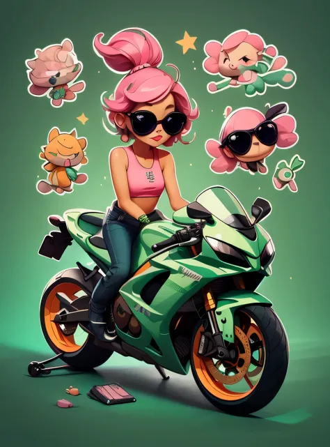 1 adesivo, manual, (adesivo, uma garota estilosa, modelo, Top rosa, escolha tingir o cabelo, oculos de sol, Cool Trend Motorcycle), fundo verde, fundo simples, minimum, Bonitinho, pequeno, cor pastel, estilo vetorial, sem gradiente,