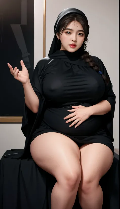 arafed woman in a longest black outfit Sitting in a chair on a black room, low light, elegant, Plain room, hijab fashion model, hijabi outfit, thicc, hijab, korean woman, wearing black robe, asian woman, bbwchan, photograph of a techwear woman, hijab, wear...