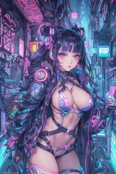 ((An exhilarating masterpiece anime illustration comes to life, showcasing a cyber girl with an extremely delicate and beautiful appearance.).), ((Her exposed face, a work of art in its own right, boasts intricate details and an ethereal allure)).), ((A me...