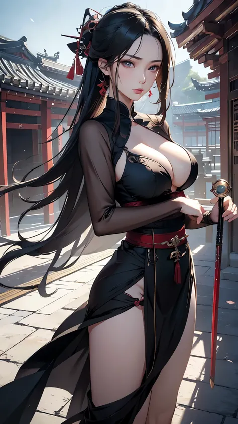 Best quality,masterpiece,ultra high res,(photorealistic:1.4),xiuxian,weapon,Detailed face, 1girl,solo,weapon,cleavage,(magic circle:1.2),xiuxian,upper body,Beautiful girl,full body,huge breasts,east asian architecture,sheath,architecture,