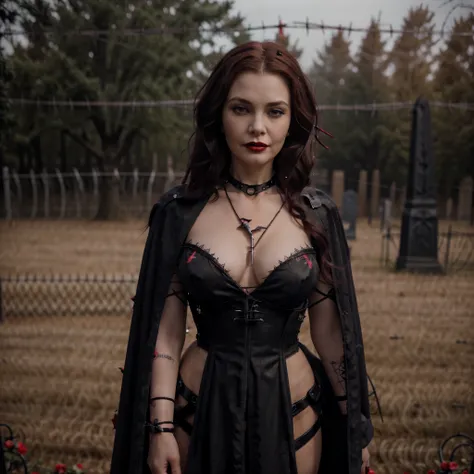 Beautiful 20 year old woman, large tits, with short messy wavy pink hair, wearing a red corset with black accents and black cloak, standing in a foggy cemetery at night, (red lipstick:1.5), realistic skin texture, (cross necklace:1.2), (looking at camera:1...