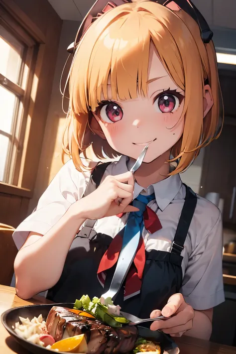 eat delicious steak、high school girl、bob cut、While eating、smile、cute、cute、Drool、uniform、High quality、beautiful手、beautiful５This finger、sparkling eyes、Holding a knife and fork、birthday