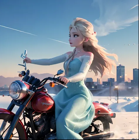 Elsa、beautiful, Elsa, frozen cityscape, high quality、Highway、(Riding a bike with a large red chopper handle)、(Harley)、(American Motorcycles)(long handle)Driving with the front wheels floating at tremendous speeds、Exploding while cutting the wind、Elsa in a ...