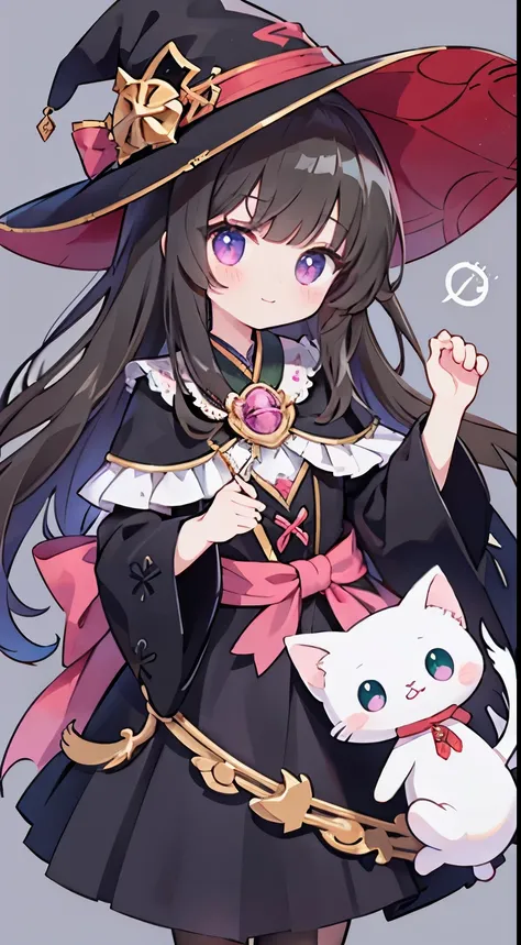 very detailed、Little、deformed white cat、mascot character、High level image quality、masterpiece、highest quality、BREAK Odd Eye、pink eyes、green eyes、BREAK Witch costume、cute、[[[[cat ears]]]]、decorative background