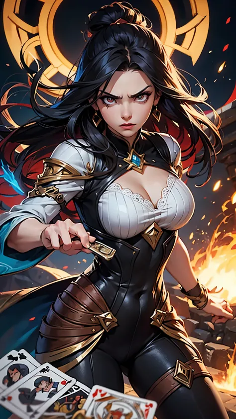 garota de cabelo curto e castanho de olhos vermelhos agachada e armando uma granada com uma corda com os dentes,angry expression,action pose,explosions in the background,league of legends,league of runeterra,detalhado,realista,hand-drawn,art nouveau,carta ...