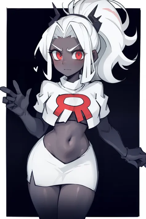 masterpiece, best quality,judgement with dark skin, white hair,team rocket,team rocket uniform,white skirt,red letter R,crop top,black thigh-highs,black elbow gloves, comic strip