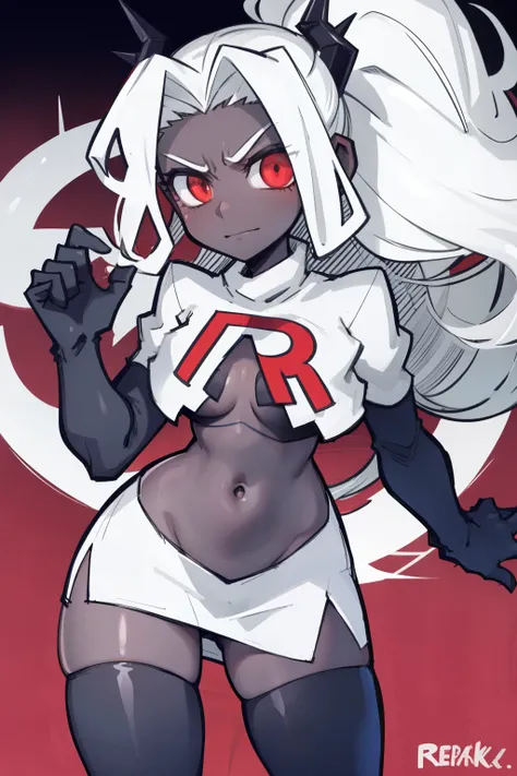 masterpiece, best quality,judgement with dark skin, white hair,team rocket,team rocket uniform,white skirt,red letter R,crop top,black thigh-highs,black elbow gloves, comic strip