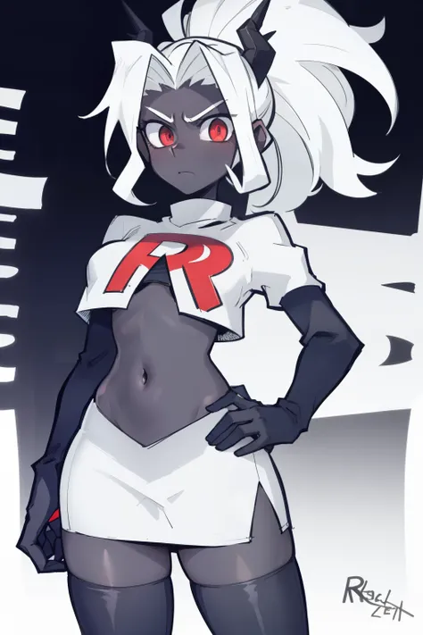 masterpiece, best quality,judgement with dark skin, white hair,team rocket,team rocket uniform,white skirt,red letter R,crop top,black thigh-highs,black elbow gloves, comic strip