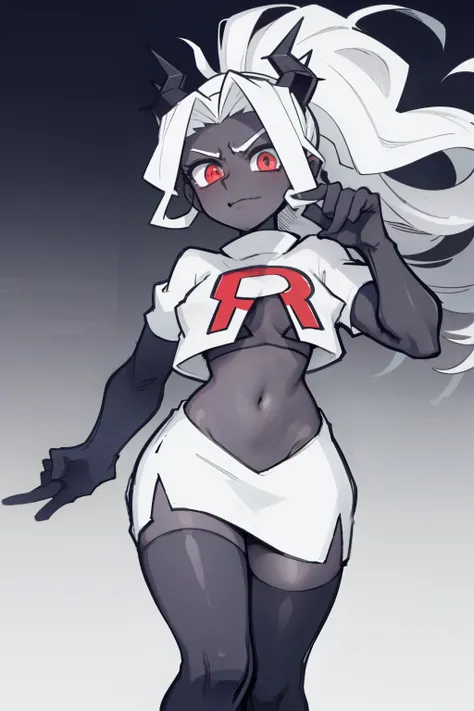 masterpiece, best quality,judgement with dark skin, white hair,team rocket,team rocket uniform,white skirt,red letter R,crop top,black thigh-highs,black elbow gloves, comic strip