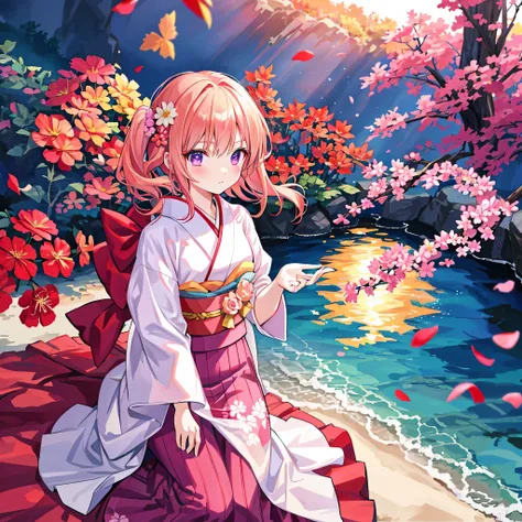 red blushblonde hair, purple eyes, Beautiful girl alone, animesque, soro, Kimono, florals, sunrise, lonely、Heavenly daughter