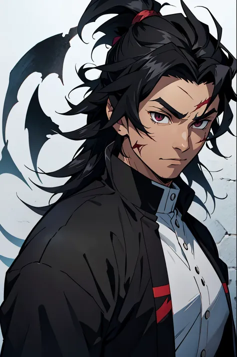 black young man, normal face, face bored, black hair, messy hair, , scar in face, demon slayer uniform, strong, sword, young