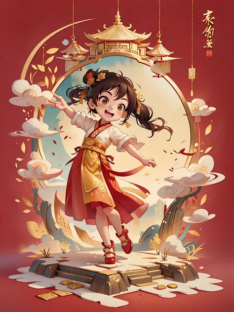 Create a series of Chinese New Year themed greeting cards，（masterpiece)，(best quality)，(official art)，(Beauty and aesthetics:1.2)，((3D))，Cute little girl holding a box full of gold coins，Treasure chests, treasures，Smiling happily to the audience，open mouth...