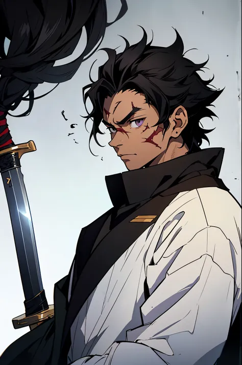 black young man, normal face, face bored, black hair, messy hair, , scar in face, demon slayer uniform, strong, sword, young